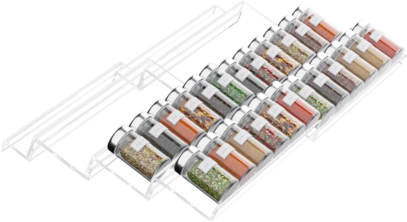 FEMELI Spice Drawer Organizer Insert, 4 Tier*2 Set Expandable From 13" to 26" Spice Rack Organizer for Drawer, Seasoning Organizer for Drawer, Acrylic Clear (Jars not included)