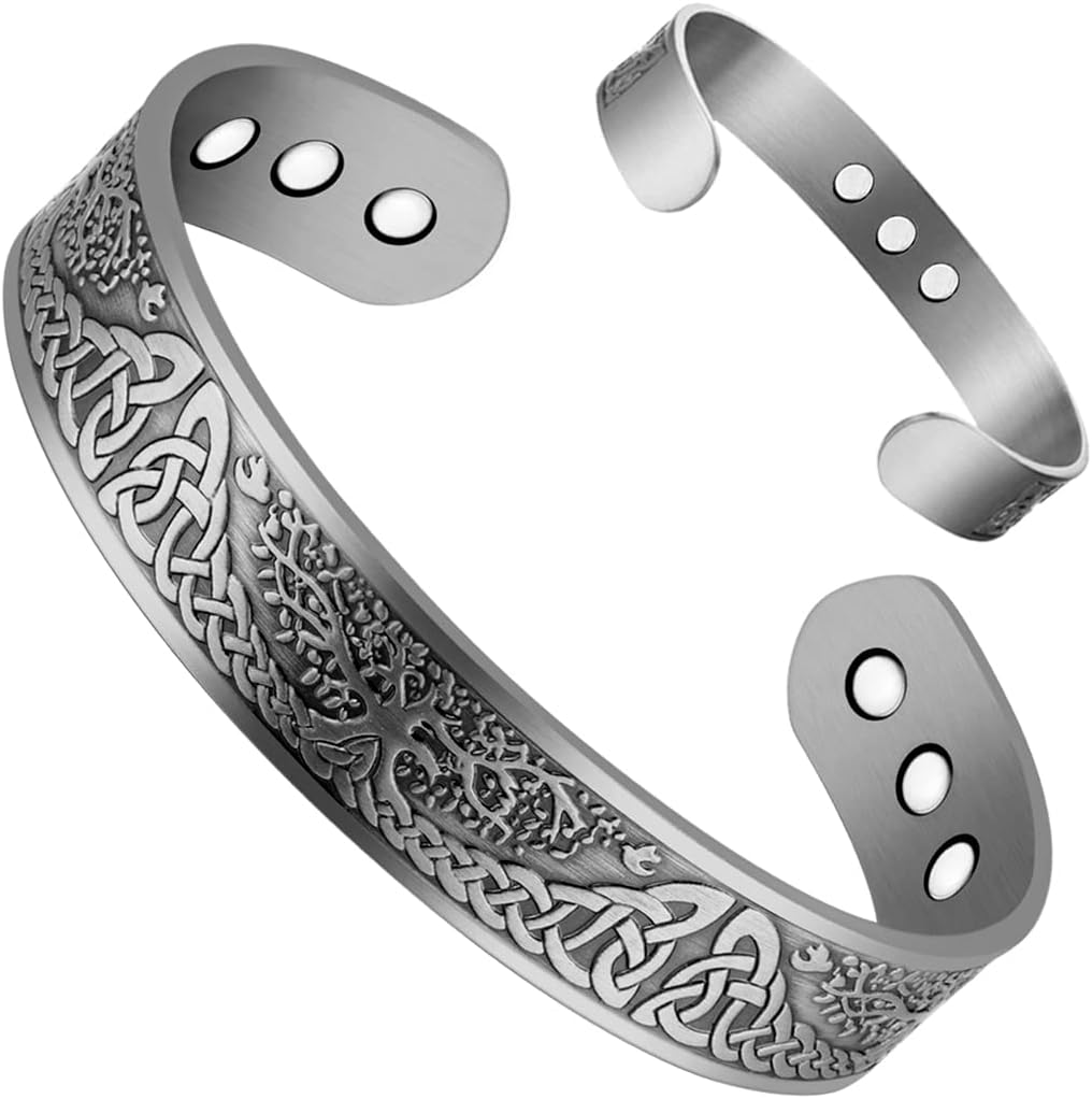 Cigmag9X Copper Bracelet for Men Arthritis Pain Relief Copper Magnetic Bracelet Strength Therapy Magnets Tree of Life Pattern Adjustable 100% Pure Copper Bracelet Cuff Bangle Jewelry Gift Box（Grey）