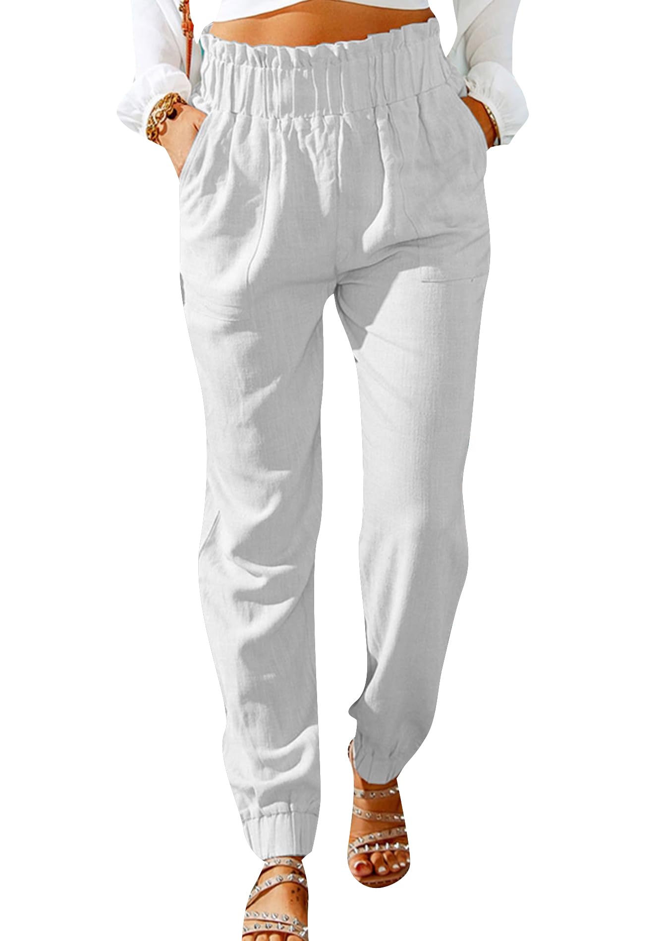 FLITAY Womens Pure Color Elastic Slacks Pleated High Waist Trousers Pockets Fit Long Pants