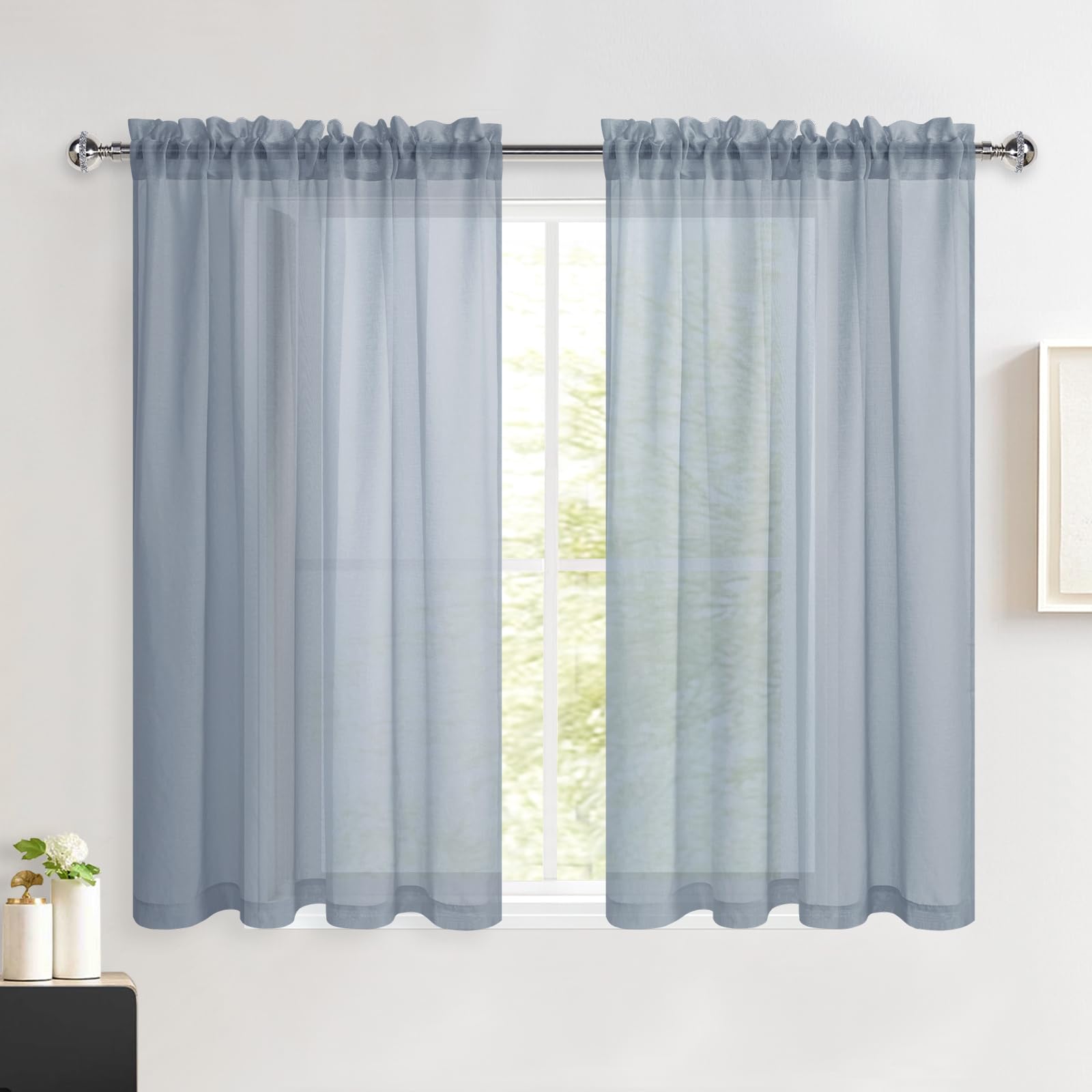 DWCN Dusty Blue Net Curtains for Windows 54 Drop, Rod Pocket Voile Curtain Bedroom Sheer Curtains for Kitcken Living Room Bedroom Window Treatment, Set of 2, W52 x L54 Inch