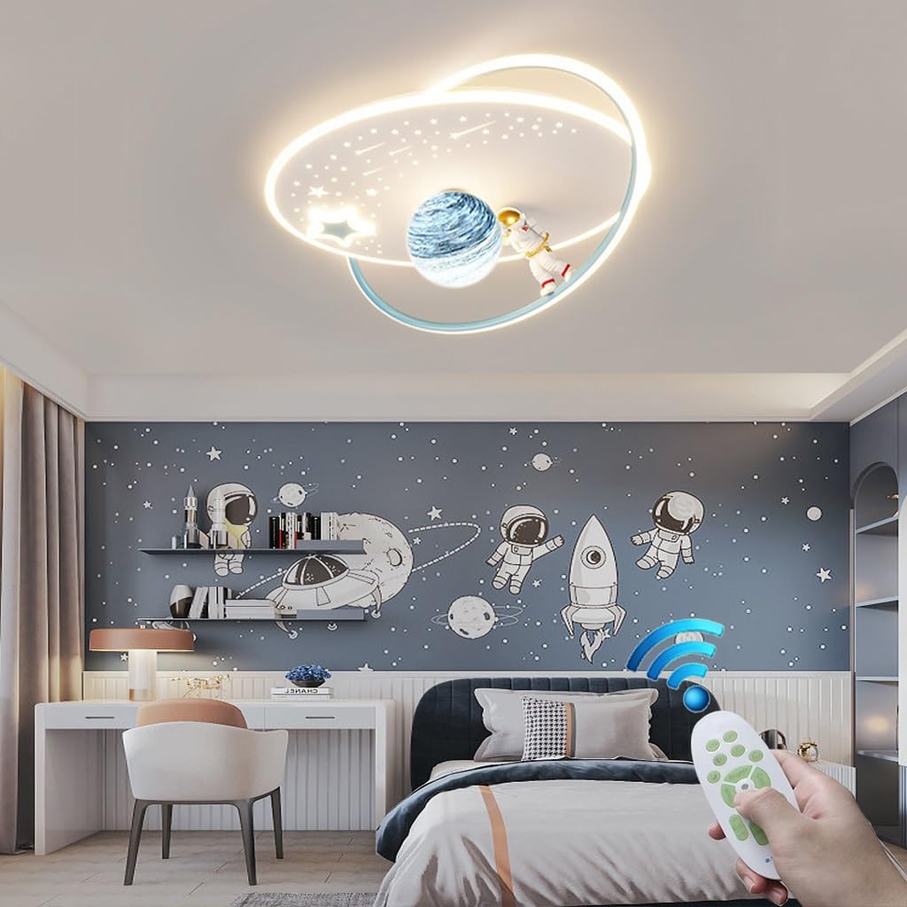 RuiRfh Chandelier Dimmable Bedroom Lamp Cartoon Creative Ceiling Lamp Blue Glass Moon Lamp Shade Resin Astronaut Ceiling Light LED Indoor Lighting Living Room Restaurant Children's Room Lamp (Color :