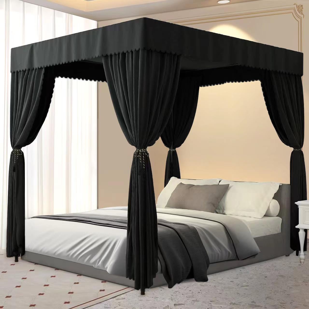 Blackout Canopy Bed Curtains 4 Corners Post Bed Canopy Curtains Lightproof Canopy Curtains Drapes Bed Canopy for Adults & Girls Bedroom Decoration (lightproof Black, Queen)