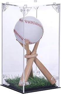 Acrylic Baseball Case for Display, Baseball Holder Box with Mini Wooden Bat Stand Grass Pad, Baseball Display Case for Memorabilia Autograph Ball