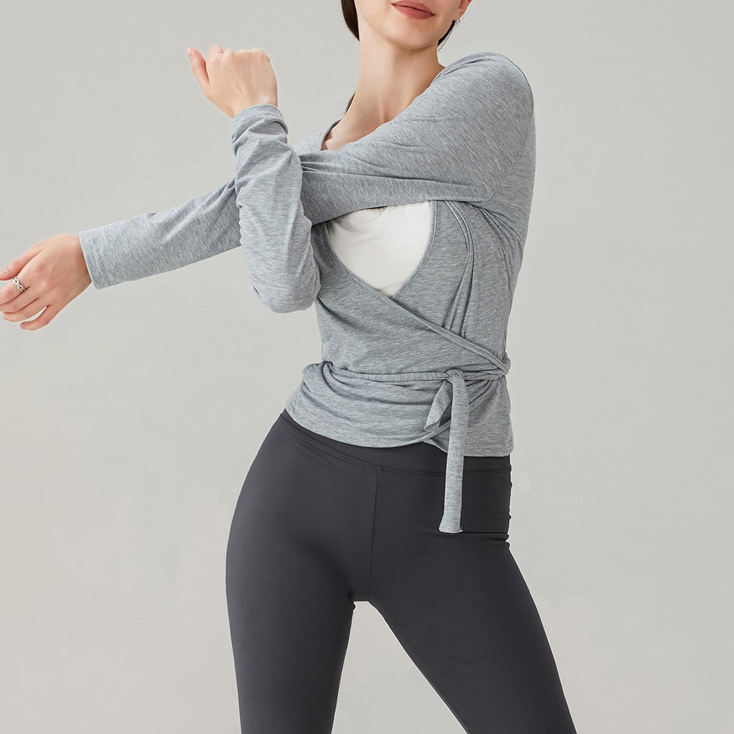 Women Wrap Tie Top Y2k Long SLeeve Ballet Workout Yoga Shirt Coquette Blouses - Image 3