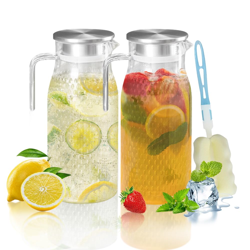 2PCS Jarra de Agua de Plástico de 1,6 l con Tapa y Asa de Acero Inoxidable