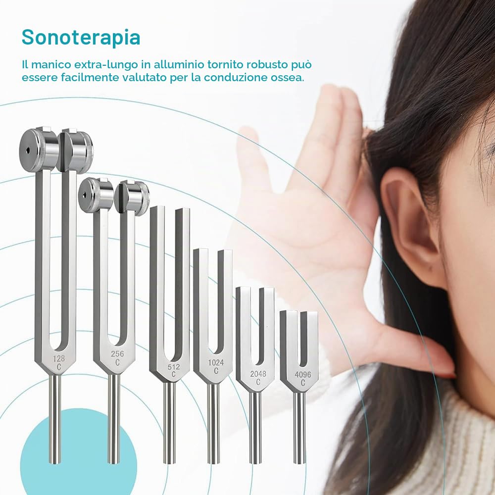 Diapason Neurologico,Set di 6 diapason (128 Hz, 256 Hz, 512 Hz,1024 Hz,2048 Hz, 4096 Hz), diapason ideale per la guarigione dei chakra, la guarigione del suono e l'antistress.