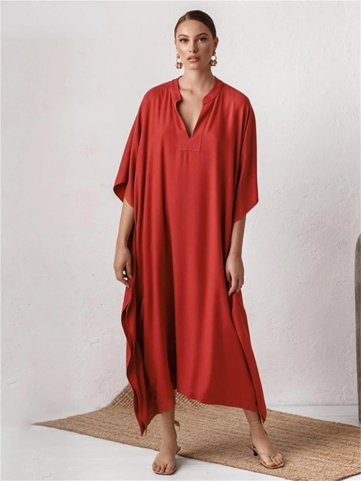 Pareo Femme Plage Maillot de Bain Couvrir Femmes Plage Tunique Solide col en V élégant été Longue Robe Ample Maillots Maillot