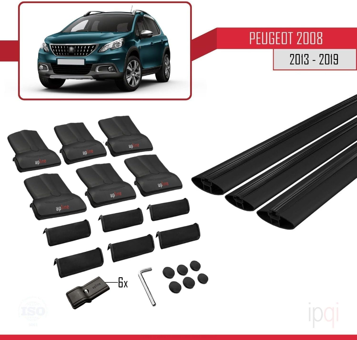 Compatible with Peugeot 2008 (A94) 2013-2019 FLY Model Car Roof Rack Cross Bar Black Aluminium 3 Bars
