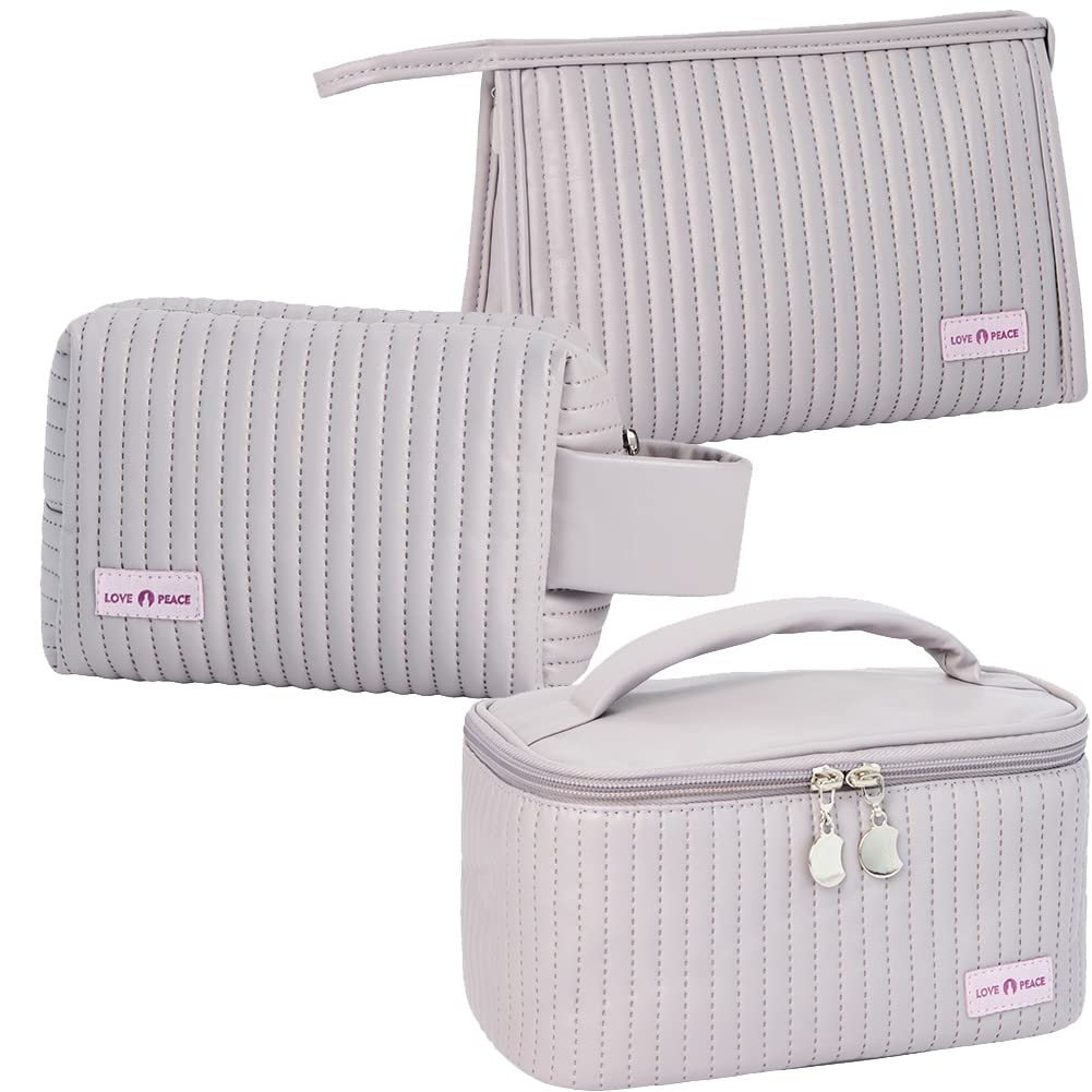 Linpr Makeup Bag 3 Pcs Cosmetic Bags Set, PU Striped Leather Toiletry Bag, Portable Waterproof Travel Makeup Organizer