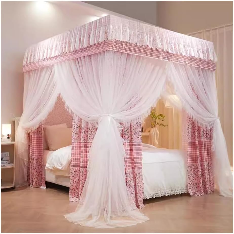 Fabric Bed Drapes Mesh Protection Canopy Shielding Netting,European Romantic Ruffle Edge Bed Canopy Mosquito Net with Bracket Decorative Bed Curtain for Princess Bedroom, 1.2M/1.5M/1.8M/2M (