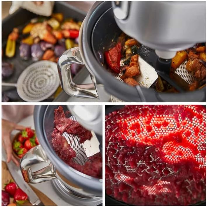 Collage showing various uses of the Kenwood Vegetable Sieve, including processing roasted vegetables and strawberries