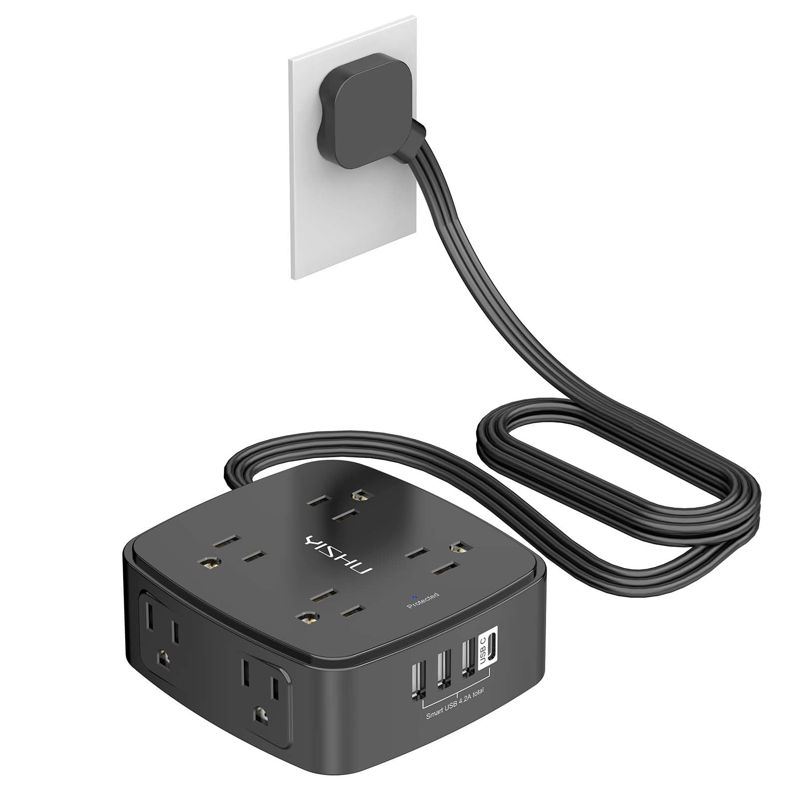 6 Ft Surge Protector Power Strip - YISHU 8 Widely Outlets with 4 USB Ports, 3 Side Outlet Extender with 6 Feet Flat Extension Cord, Ultra Flat Plug, Wall Mount, Desk USB Charging Station, ETL, Black 6 Ft Black(Flat Cord)