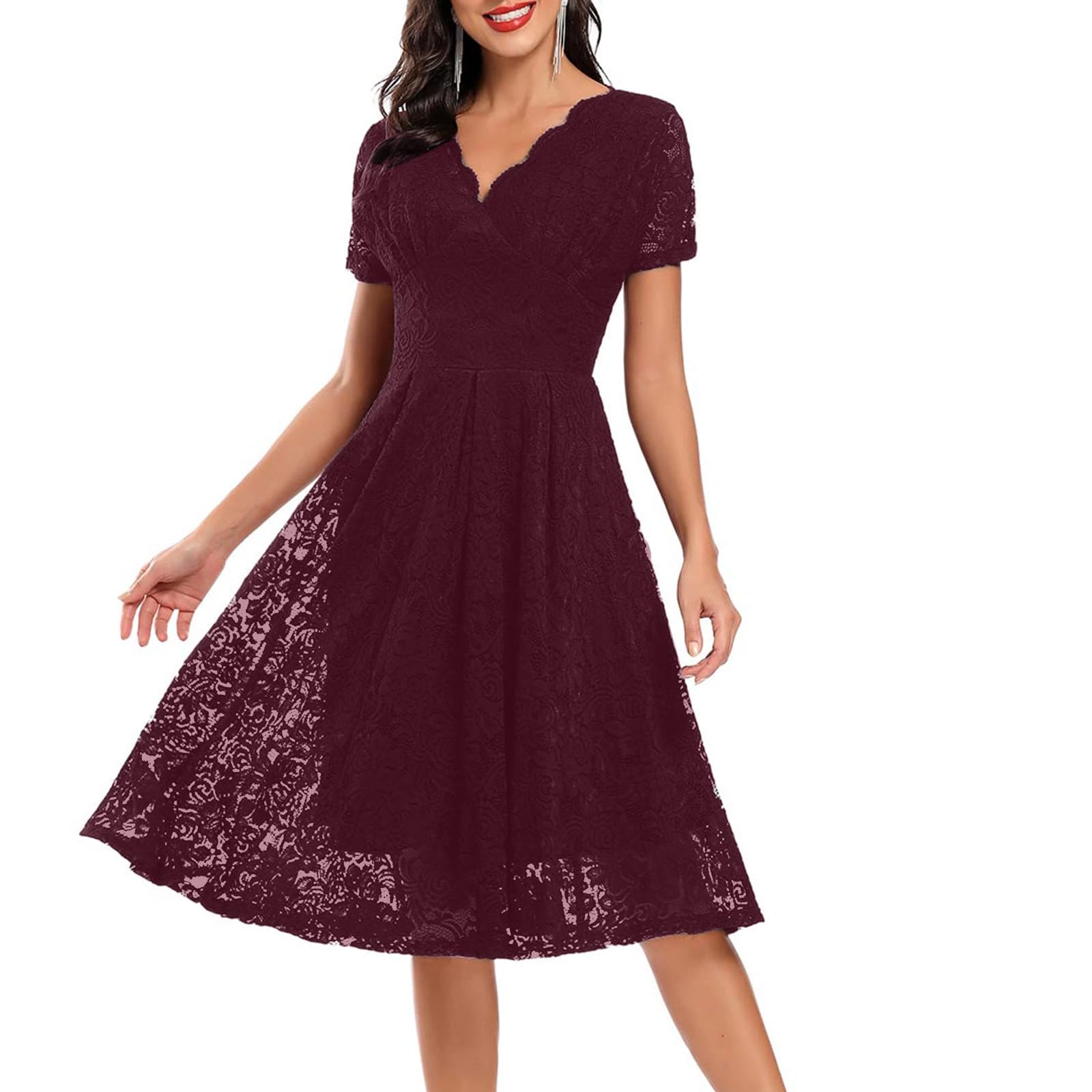 Kleid Hochzeitsgast Damen Spitze Abendkleider Elegant Hochzeit Knielang Vokuhila Kleid V Ausschnitt Bestickt Cocktailkleid Midi A Linie Brautjungfernkleider Festlich Partykleid Frauen Kurzarm