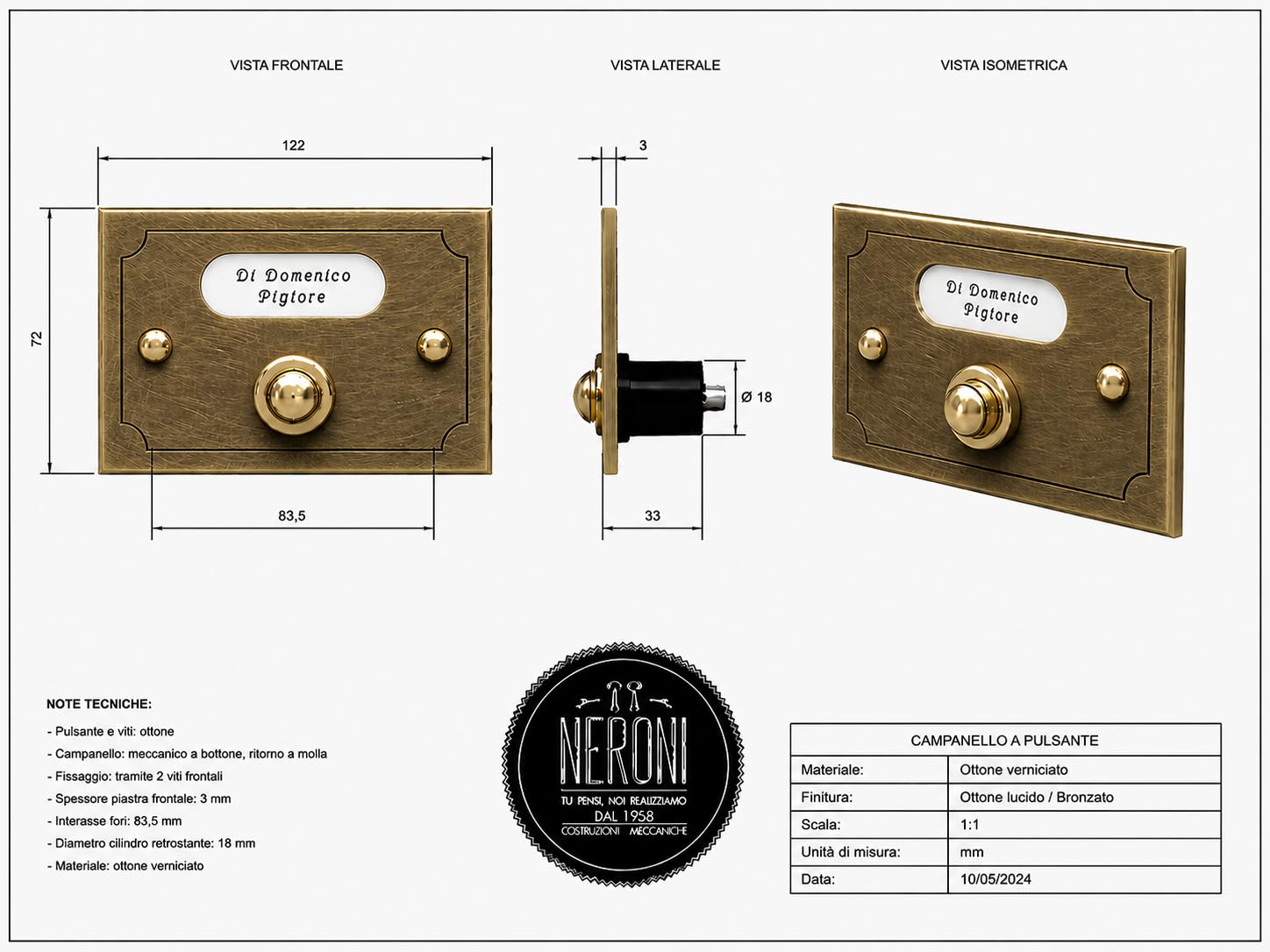 Neroni Mameli Campanello in Ottone Bronzato per Esterno abitazione - Porta Ingresso Casa, con Pulsante Elettrico - Modello Ottaviano - Made in Italy