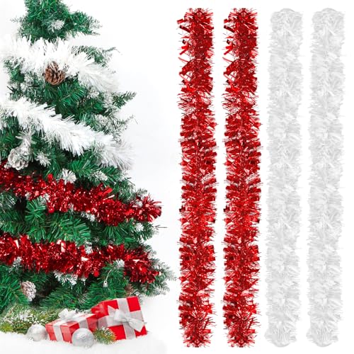 Guirlandes Tinsel Noël Blanc et Rouge, Sapin Brillante 2m, Lot de 4 Guirlandes Métalliques Scintillantes, Guirlandes de Décoration de Noël