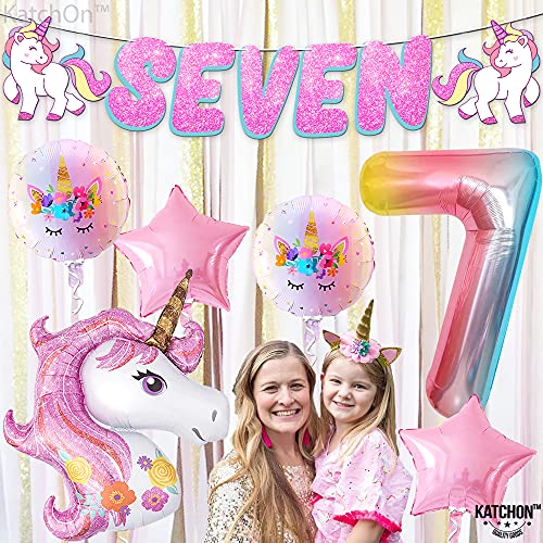 Katchon, 7Th Unicorn Party Decorations - Glitter Seven Banner, Number 7 Balloon 40 Inch | Giant Unicorn Balloons, 43 Inch | Unicorn Birthday Decorations For Girls 7 Years Old | 7Th Birthday Girl #TOP7