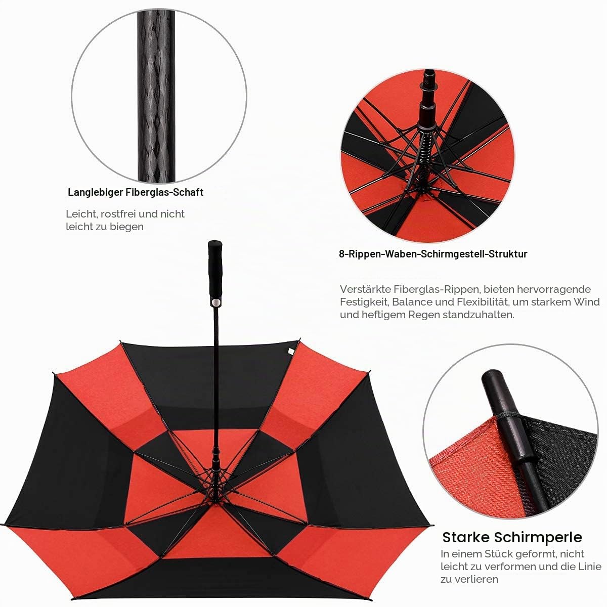 G4Free 62 Inch Quadratischer Golfschirm Übergroß Doppelt Überdachung für 2-4 Personen Großer Regenschirm Winddichter XXL Stockschirm Automatik Auf, Rot/Schwarz