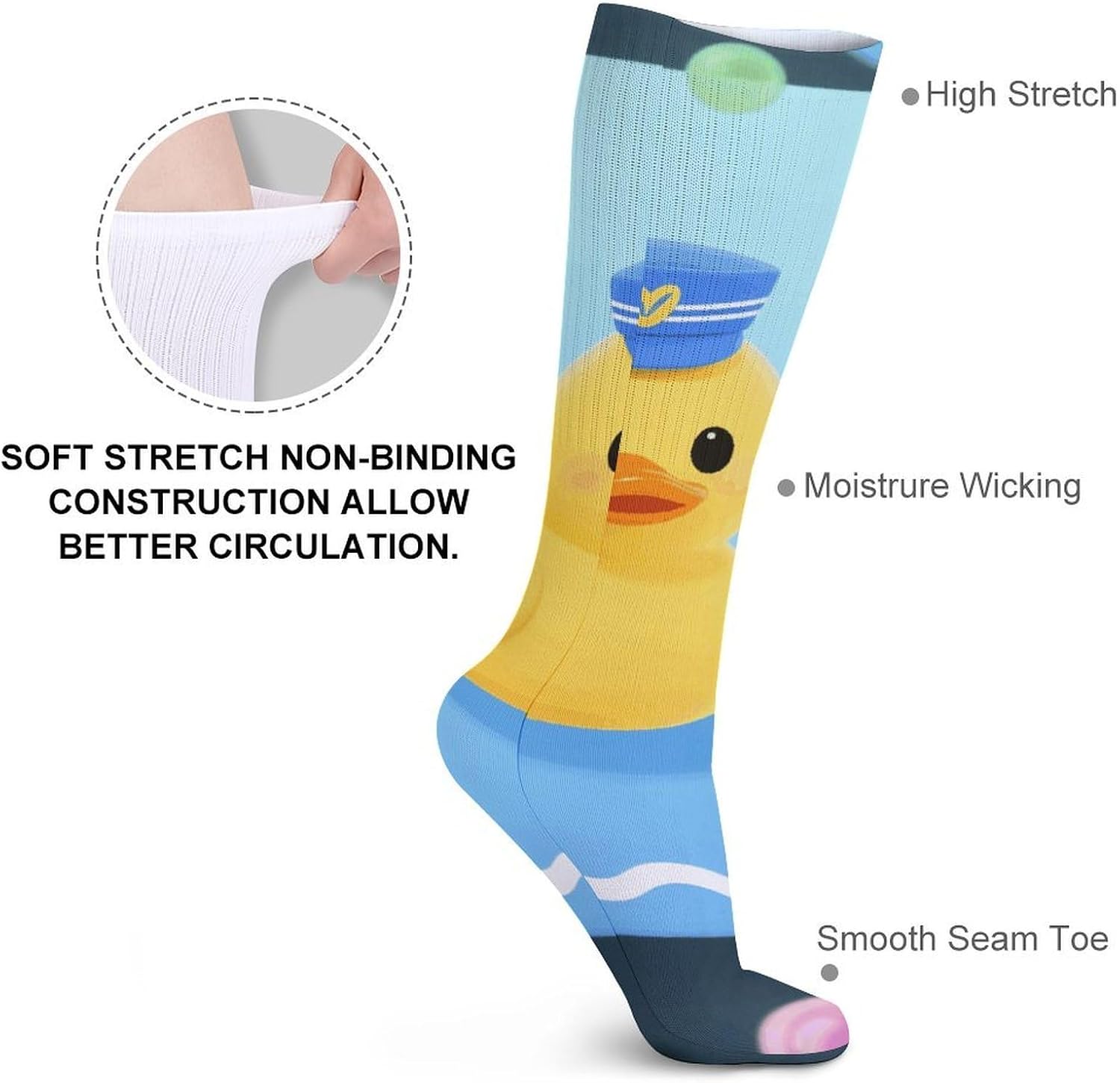 5-Pack Knee High Socks, 15.7 Inch Breathable Casual Socks Yellow Duck And Bubble Pattern Stockings for Men Women