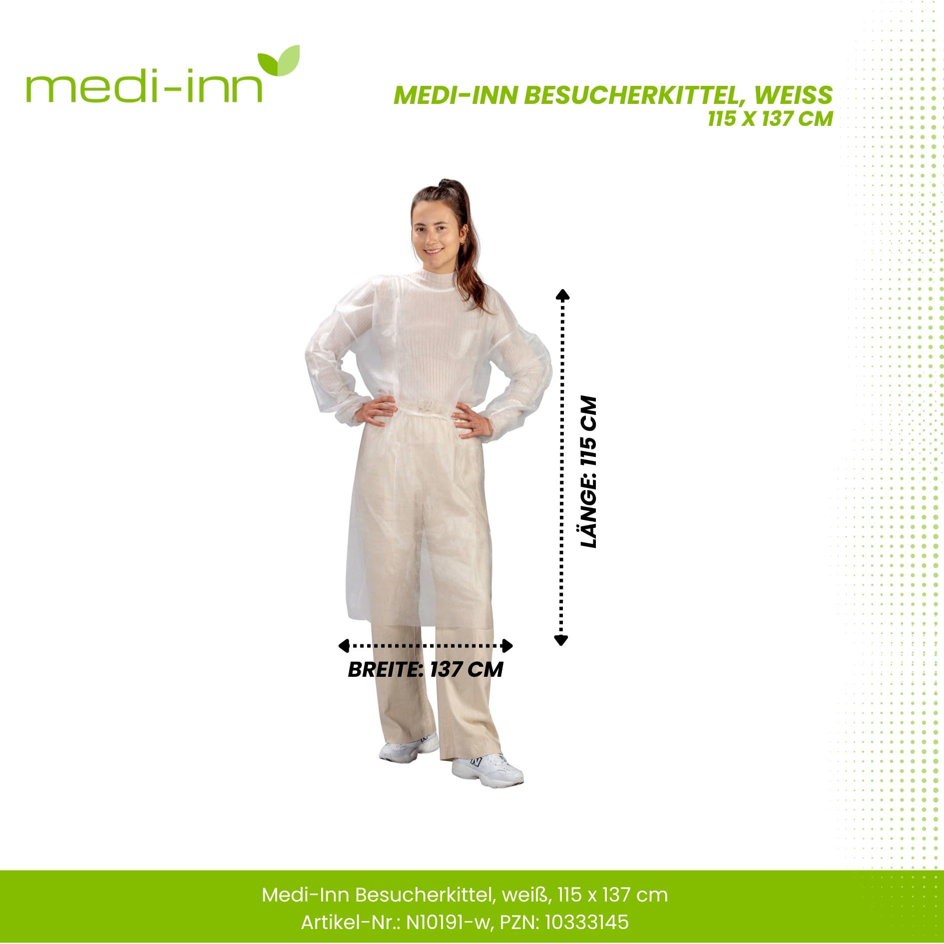 Medi-Inn PP-Besucherkittel | 10 Stück weiß | 115 x 137 cm | Schutzkittel mit Gummi-Bündchen zum Binden