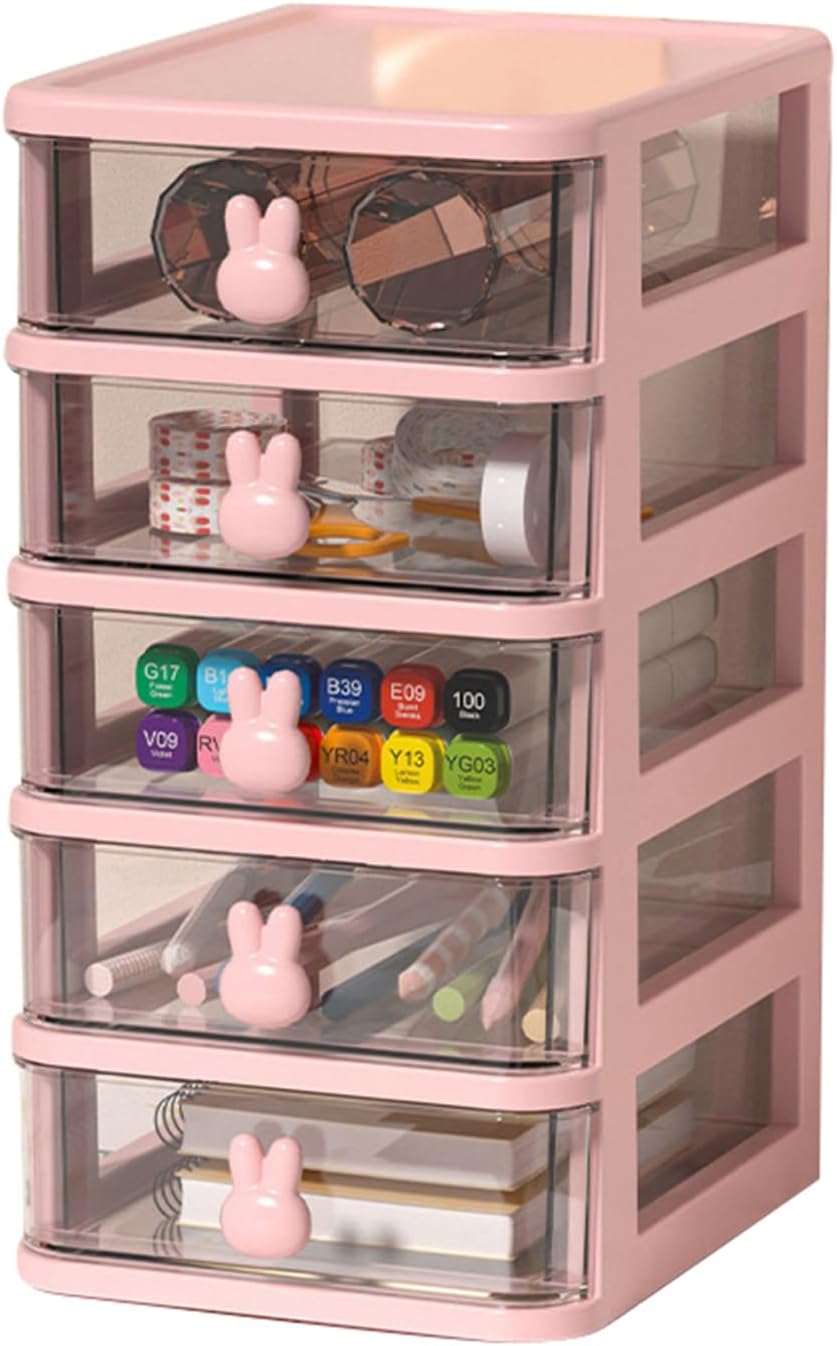 Desk Storage Box Multi Tier Clear Plastic Large Capacity with Bunny Handle and Small Drawer Organiser for Books and Pens (Pink, 5 Tier(13.4x17x26cm))