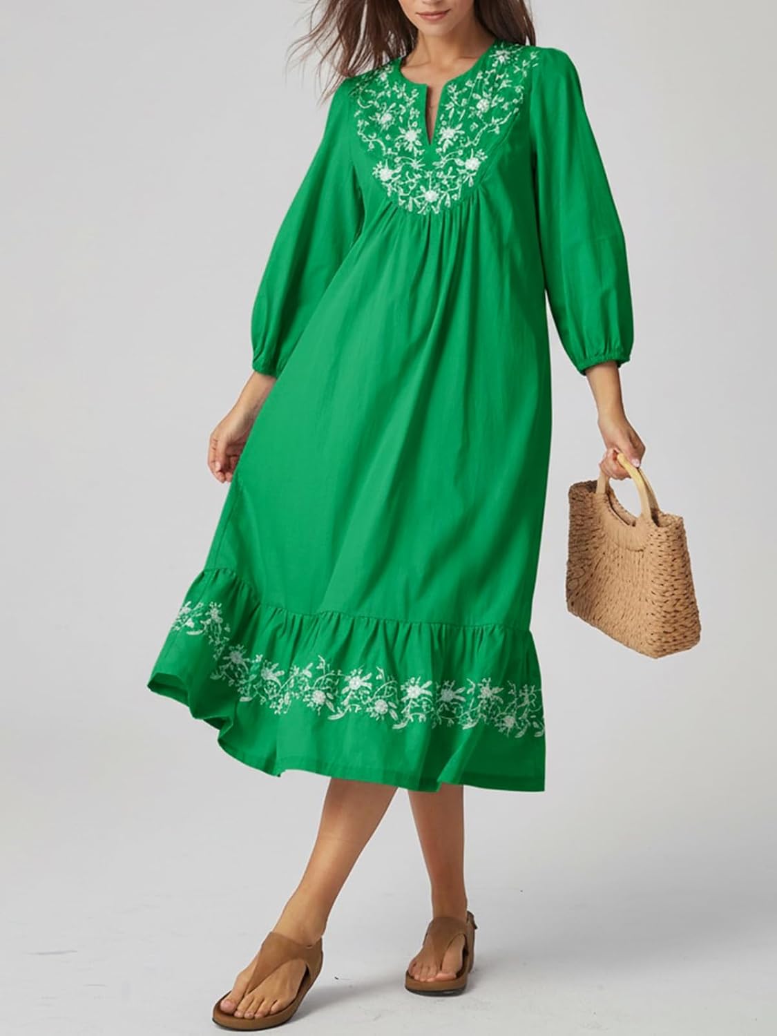 Women Spring Midi Dress 2026 Summer Dresses for Women Embroidered V-Neck 3/4 Sleeve A-Line Flowy Dress with Belt - Image 4