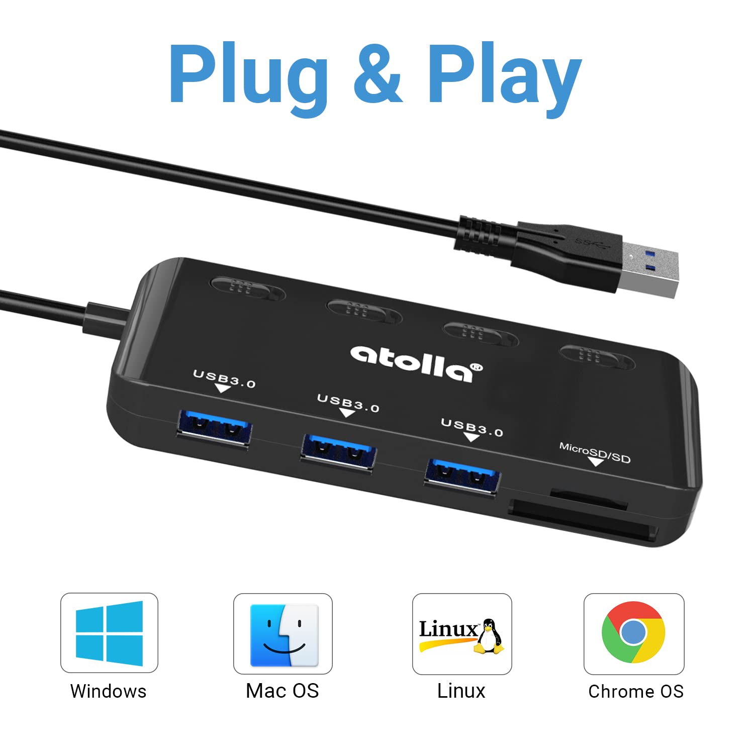 atolla SDカードリーダー USB3.0 USBハブ 5-in-1 USB3.0ポート×3+SD&TF/microSDカードリーダー 同時読み書き UHS-Iカード用 電源スイッチ付き 60cmケーブル USB SD変換アダプタ Windows/Mac OS/Chrome OS/Linus対応 画像 3