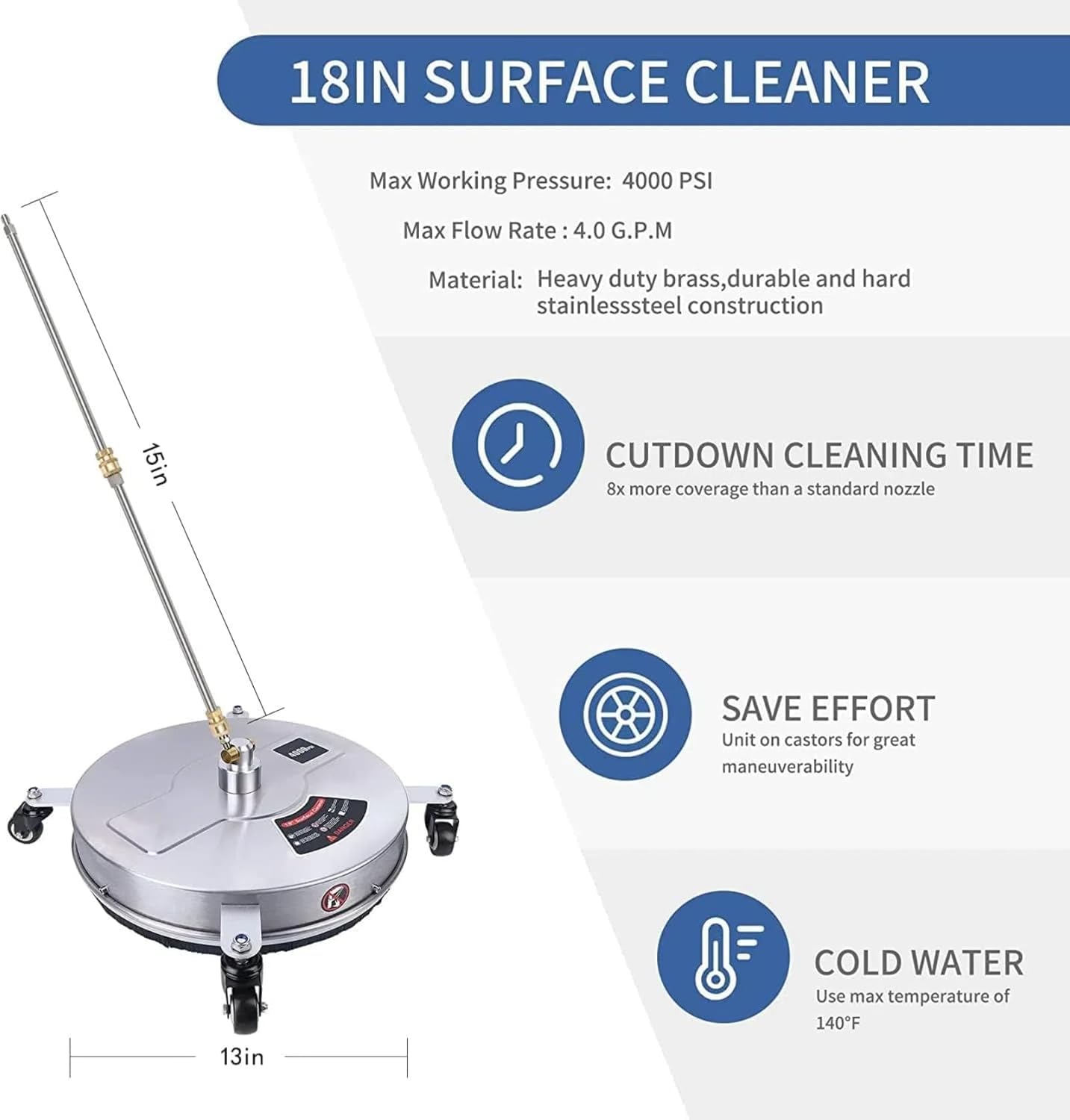Pulitore per superfici idropulitrice da 38,1 cm, con 4 ruote, in acciaio inox, accessorio per pulizia di vialetti, marciapiedi, patii, connettore rapido da 1/4", 2 attacchi per bacchetta di