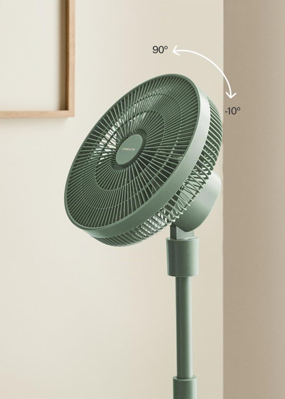 CREATE / AIR STAND 3D / Ventilador de pie con oscilación 3D ultrasilencioso verde sage/Cobertura de aire 3D, altura regulable, 12 velocidades, base antideslizante, 30W
