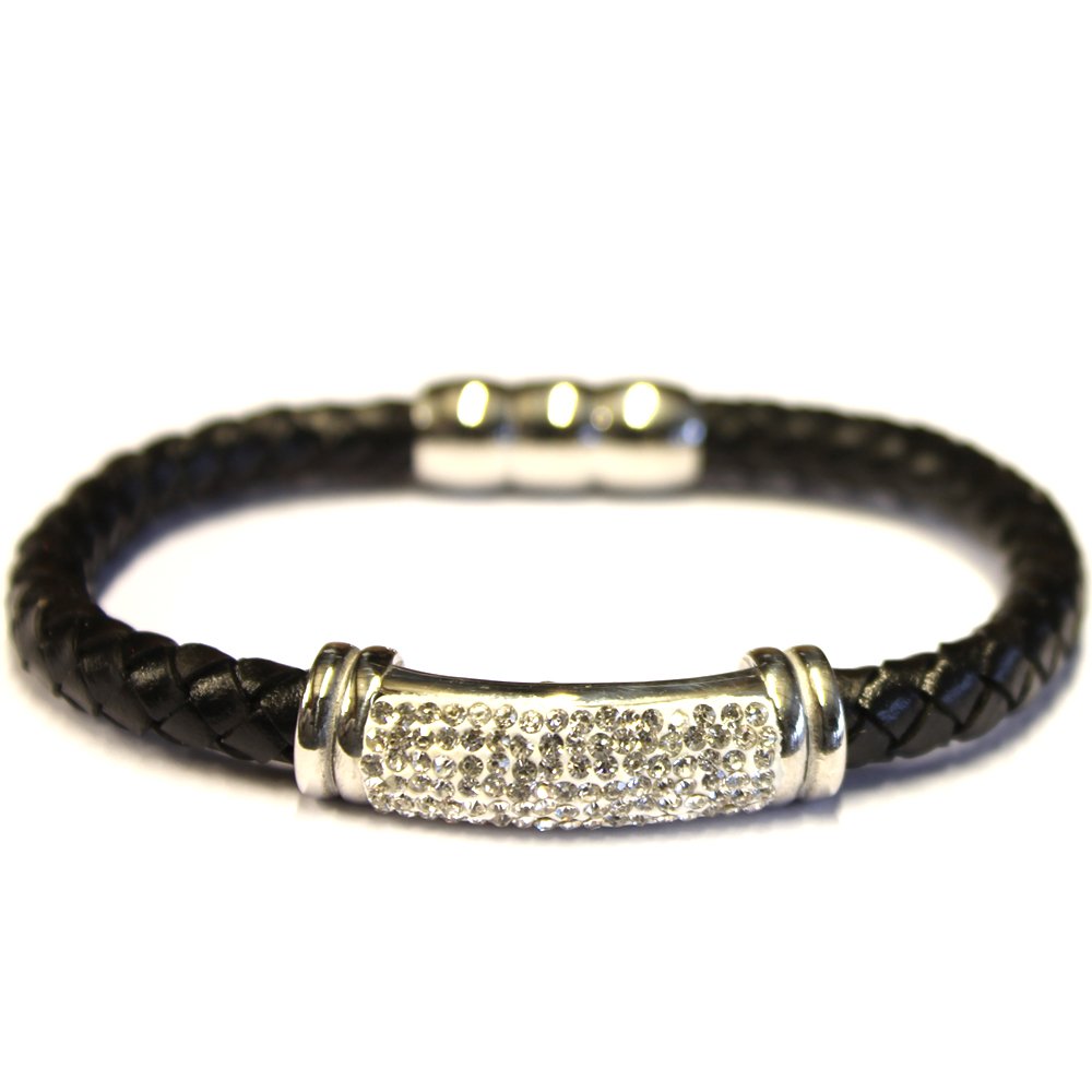 Mega Jewellery Leather and Stainless Steel Bracelet With CZ Cuff. Handcrafted & [S]