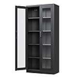 Display Storage Cabinet with Glass Door, 67 Inches Metal Curio Cabinet with 4 Adjustable Shelves, HD Tempered Glass Display Case for Home, Office, Clinic, Pantry, Assemble Required (Black)