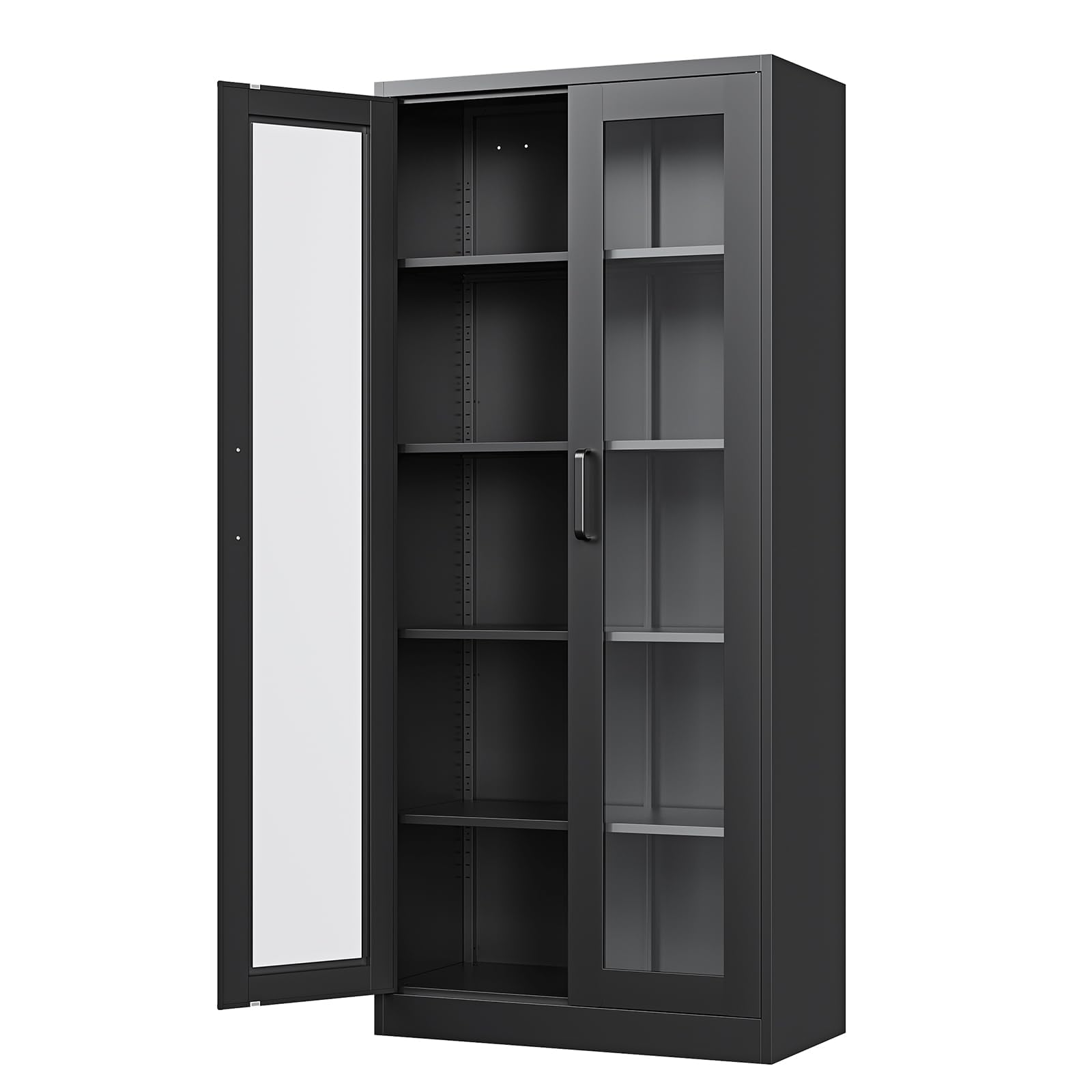 PEUKC Display Storage Cabinet with Glass Door, 67 Inches Curio Cabinet with 4 Adjustable Shelves, HD Tempered Glass Display Case for Home, Office, Clinic, Pantry, Assemble Required (Black)