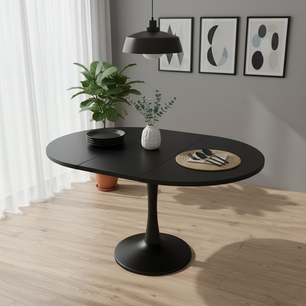 Tavolo da pranzo allungabile, rotondo, per 4-6 persone, tavolo da pranzo, pieghevole, per soggiorno, tempo libero, stile semplice, nero, 100/140 x 100 x 75 cm