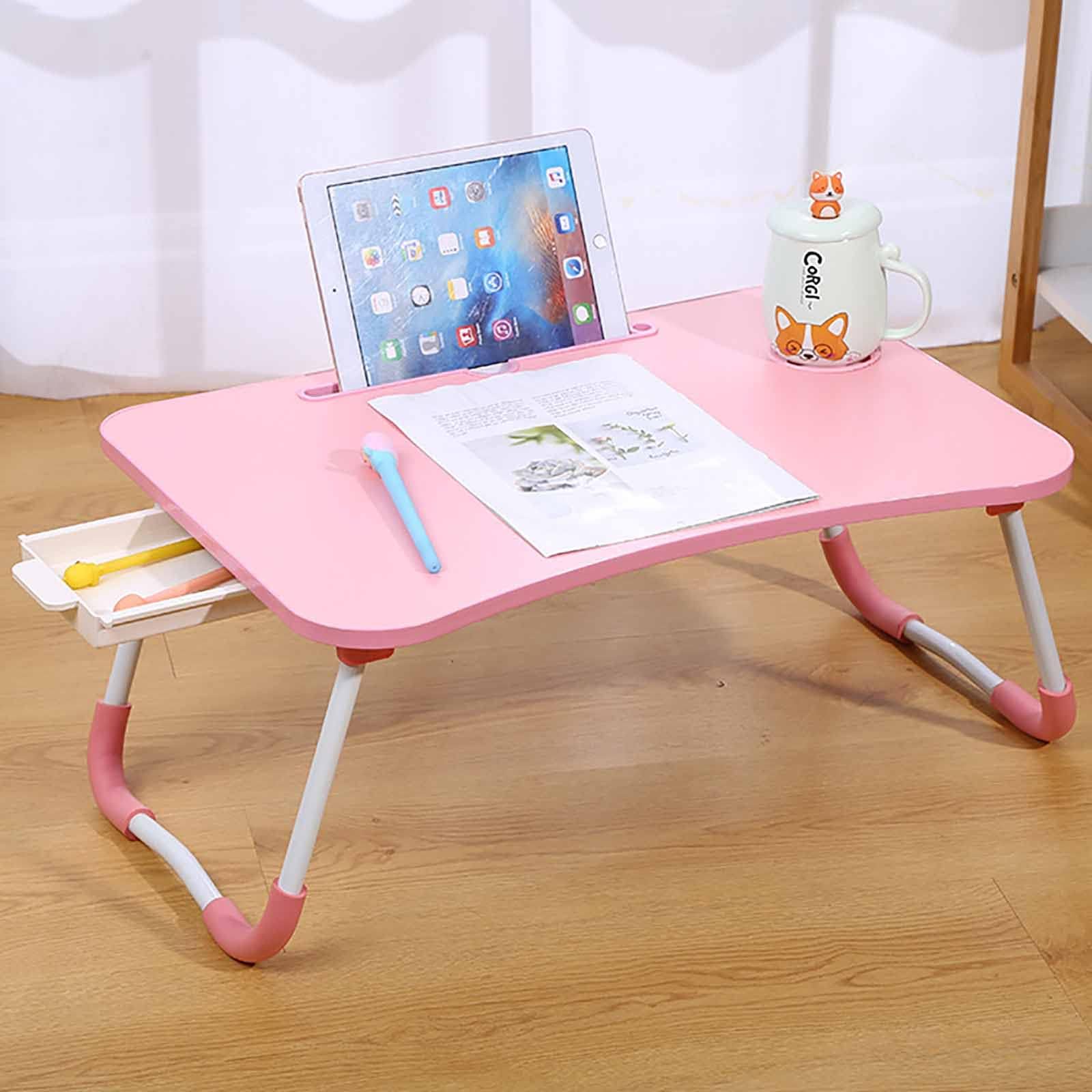 Scrivania per Laptop Multifunzionale Supporto per Laptop Pigro Tavolino Pieghevole Portatile Tavolino da Letto con Cassetto Portaoggetti,Pink