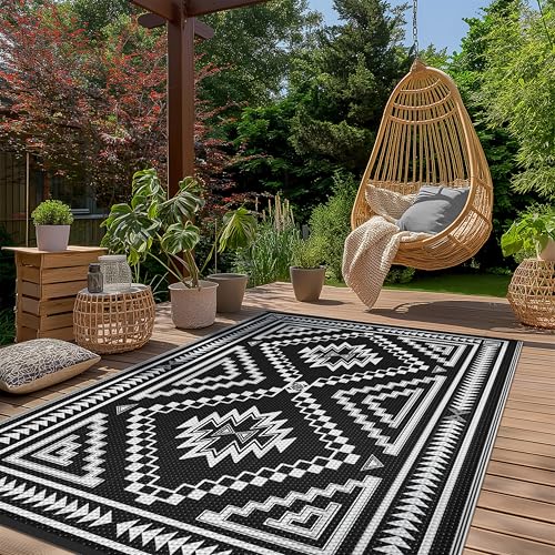 Image of GENIMO Outdoor Rug, Waterproof Plastic Rugs for Patio, 6'x9' Shadow White | Outside Larger Modern Carpet Mat for Porch Decor, Deck, Balcony, Camping, RV, Backyard, Picnic, Beach, Reversible, Foldable