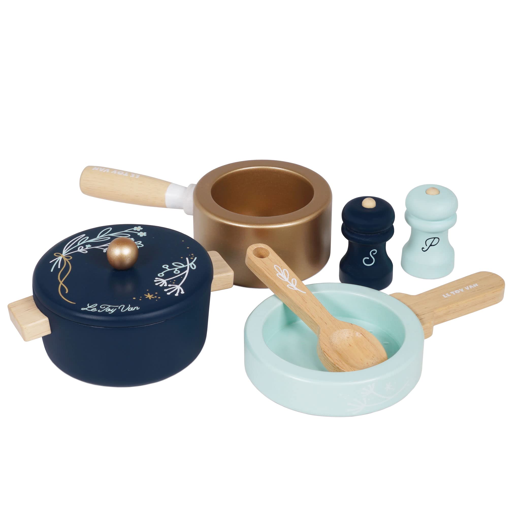 Le Toy Van Topf- und Pfannen-Set, Lernspiel für Kinder AB 2 Jahren, aus FSC-zertifiziertem Holz, ökologisches Spielzeug, Montessori, 7-teilig, Küchenset, plastikfrei
