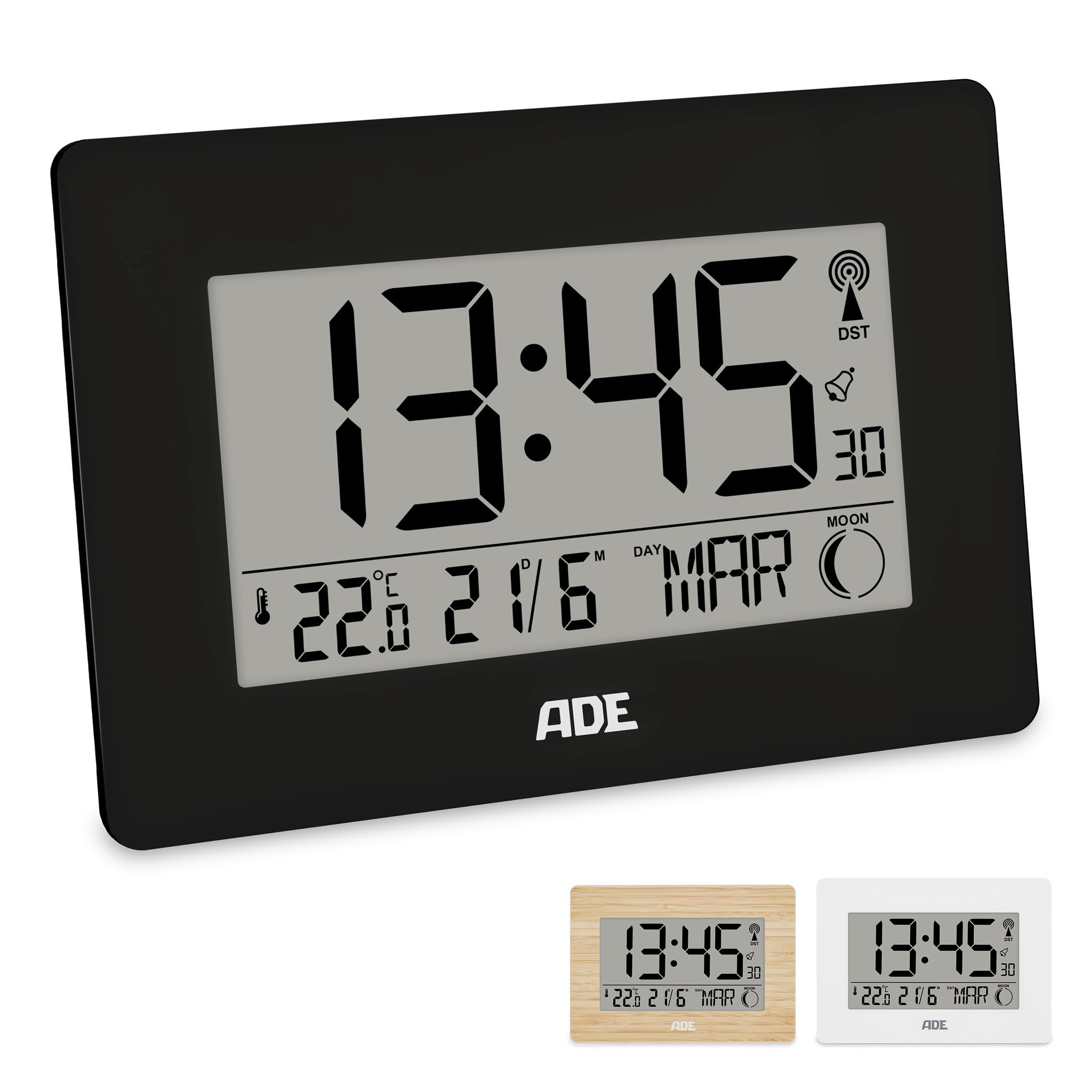 ADE Grande orologio digitale radiocontrollato con cifre XXL | orologio da tavolo e da parete con calendario | con termometro | sveglia radiocontrollata a batteria | nero