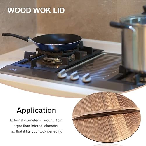 Miniatura 7 de Tapa de wok de madera natural, accesorios de wok para suministros de cocina del hogar, práctica tapa de hierro fundido con mango de hipotenusa