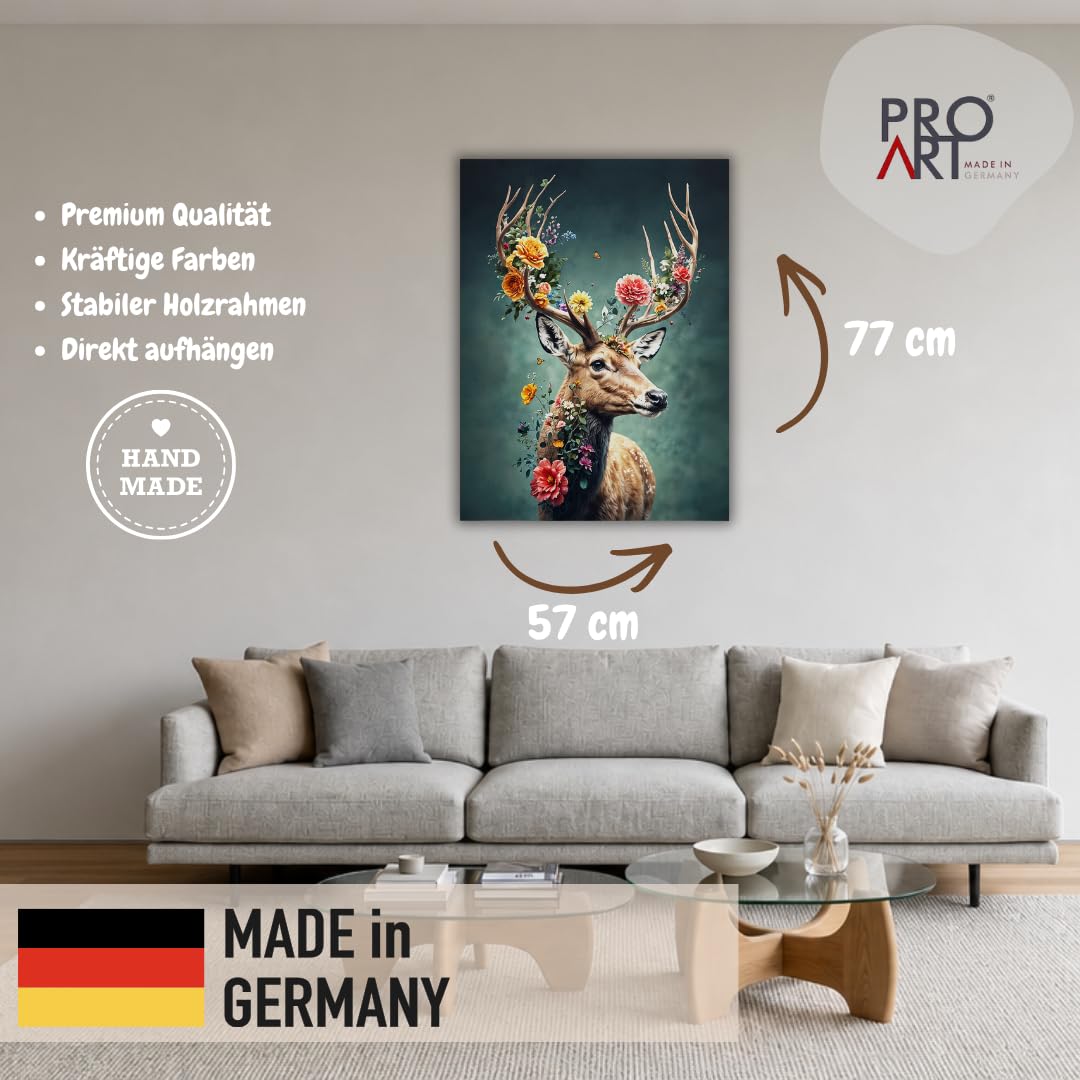 Pro-Art Leinwand Bilder Hirsch mit Blumen Groß 60x80 cm Bild Wohnzimmer Bild modern Deko Wandbilder Schlafzimmer Tiere