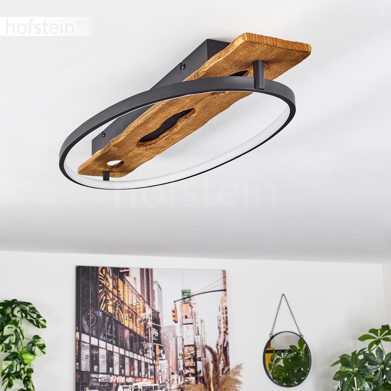 HOFSTEIN LED Deckenleuchte Nevogilde, moderne Deckenlampe aus Metall/Holz/Kunststoff in Anthazit/Natur/Weiß, Leuchte im skandinavischen Design mit Holzbalken, 2400 Lumen, 3000 Kelvin, 20 Watt