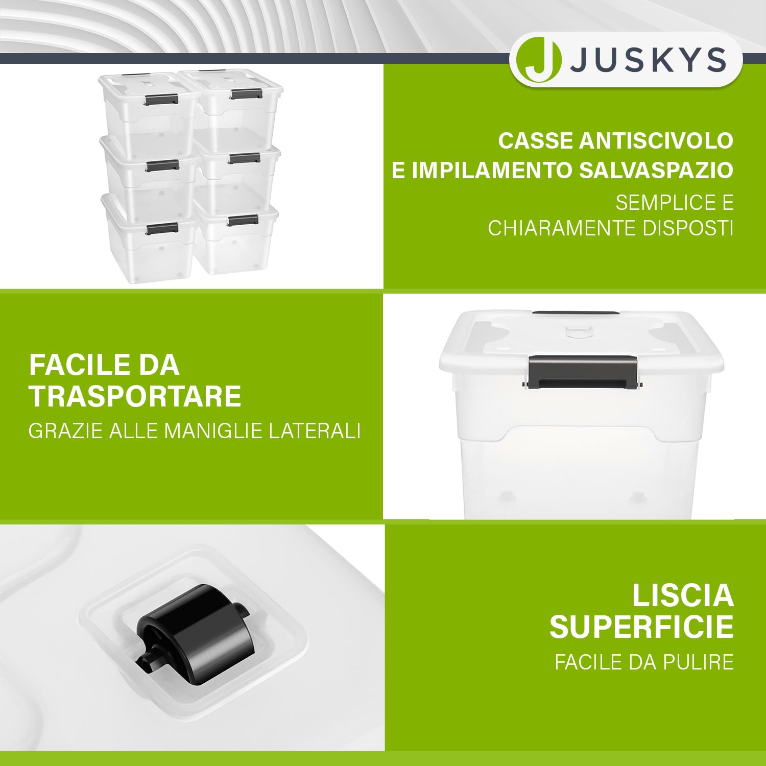 Juskys scatola per conservazione con coperchio - Set da 6 scatole in plastica 60l - Scatola grande, impilabile, trasparente - Sistema di organizzazione per conservazione