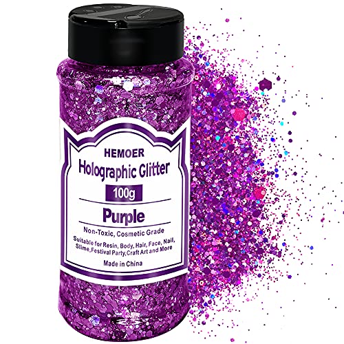 HEMOER Purpurina Gruesa Holográfica Morada - 100g Brillos Corporales para Uñas, Cara, Cabello y Maquillaje de Festival - Lentejuelas Chunky para Manualidades, Resina Epoxi y Decoración