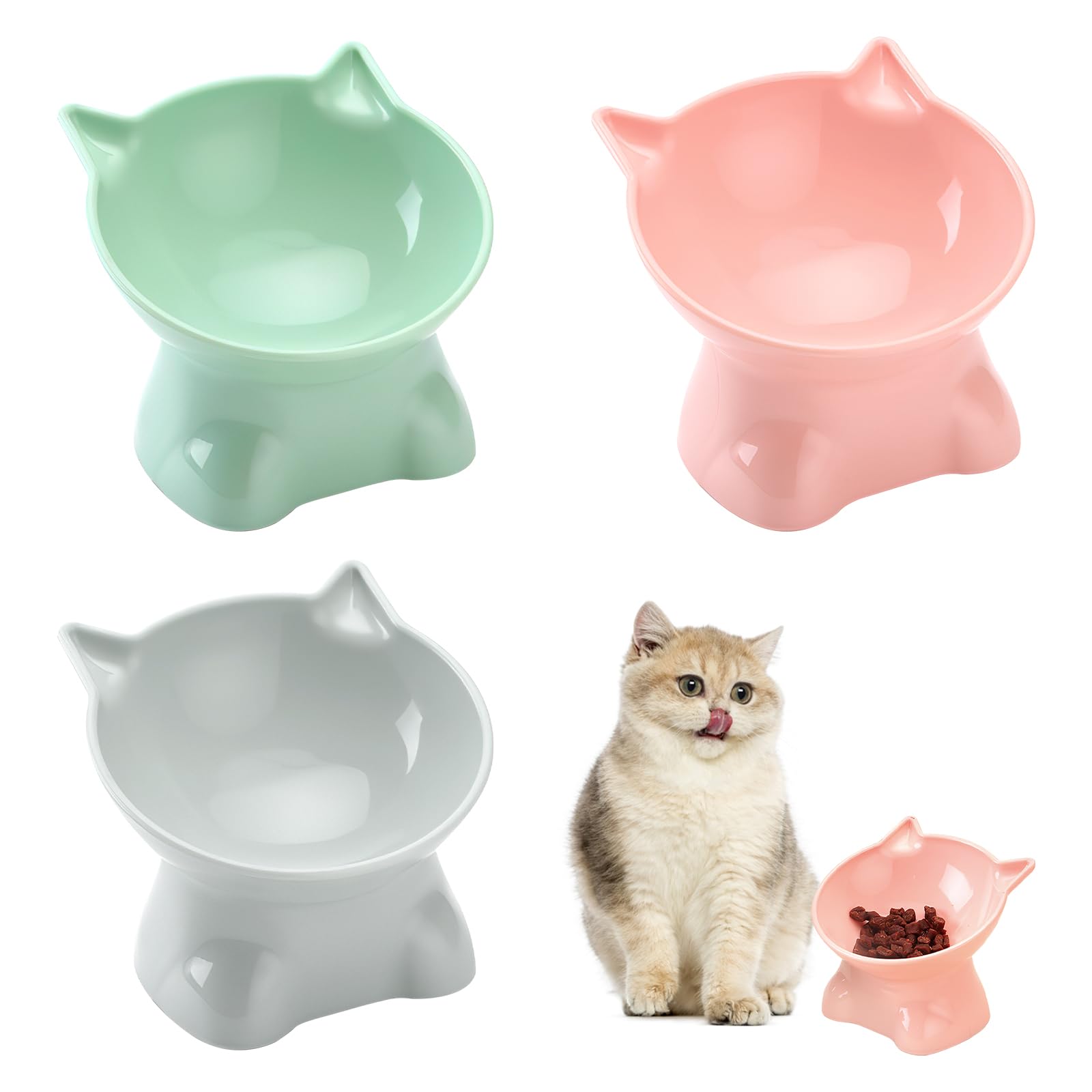 TNSLAND Juego de 3 Comederos para Gatos, Comedero para Gatos Elevado 15° de Inclinación, Anti vómitos Comedero para Gatos para el Cuidado del Cuello, plásticos Cuenco Gato Comedero para Gatos Elevado