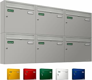 AL Briefkastensysteme Basic 6er Briefkasten RAL 9006 Weiß Aluminium Silber Edelstahl-farbig 6 Fach DIN A4 wetterfest Briefkastenanlage mit Posthaltebügel und 2 Namensschildern