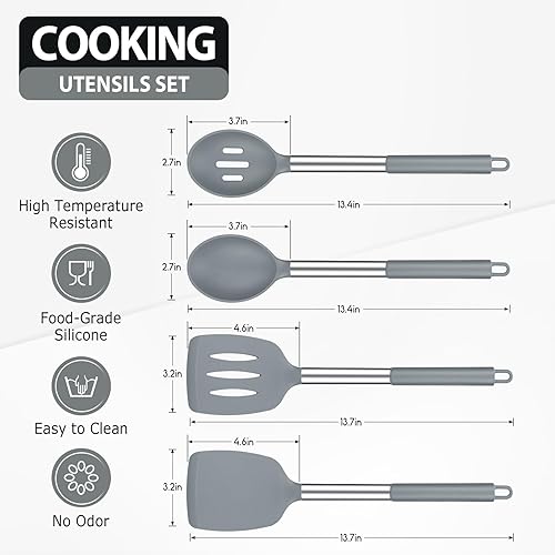 Miniatura 10 de Paquete de 4 espátulas y cucharas grandes de silicona, juego de utensilios de cocina de acero inoxidable ranurados y sólidos, antiadherentes