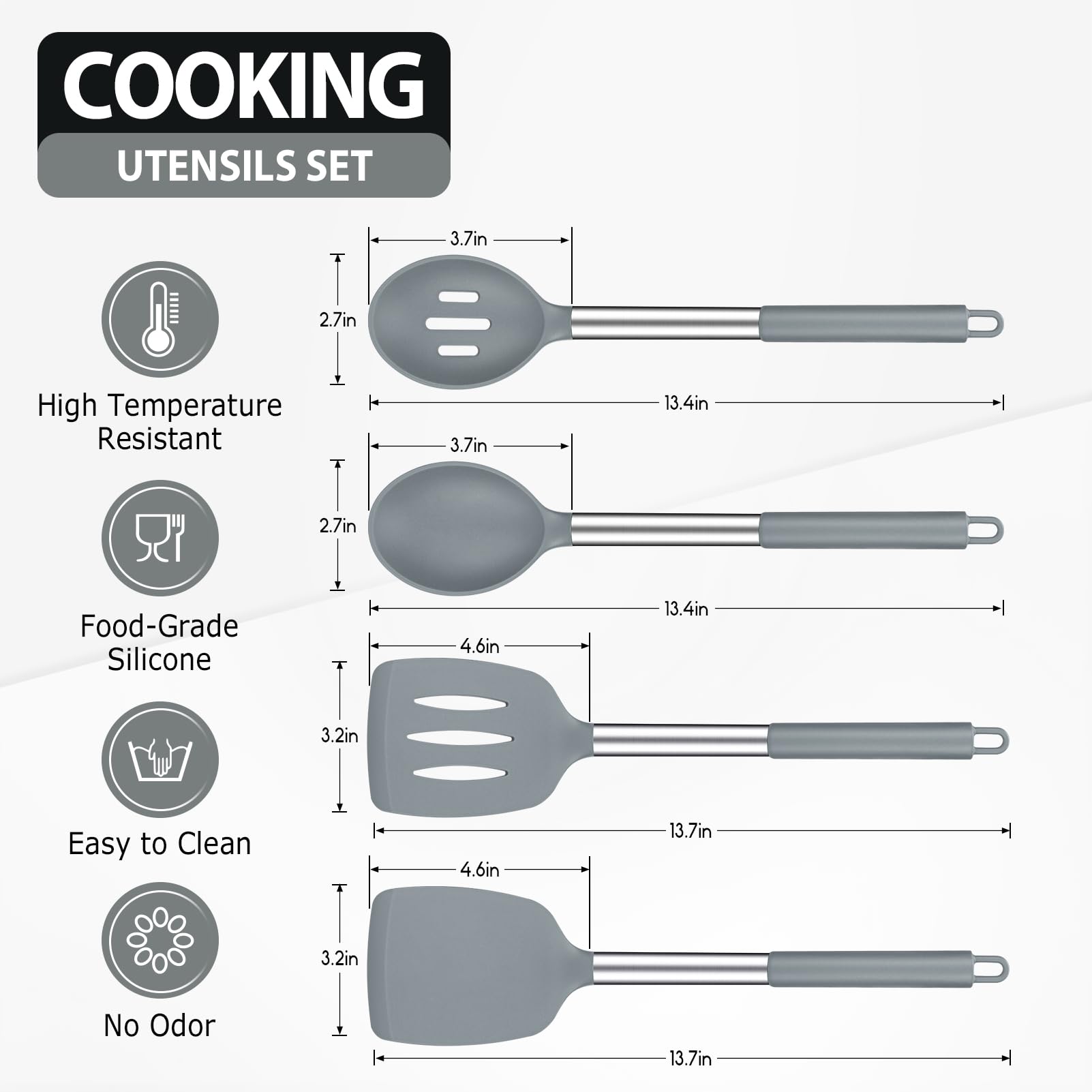 Juego de 4 espátulas y cucharas de cocina de silicona grandes, ranuradas y sólidas utensilios de cocina de acero inoxidable, antiadherentes, resistentes al calor, para hornear, mezclar, servir (gris)