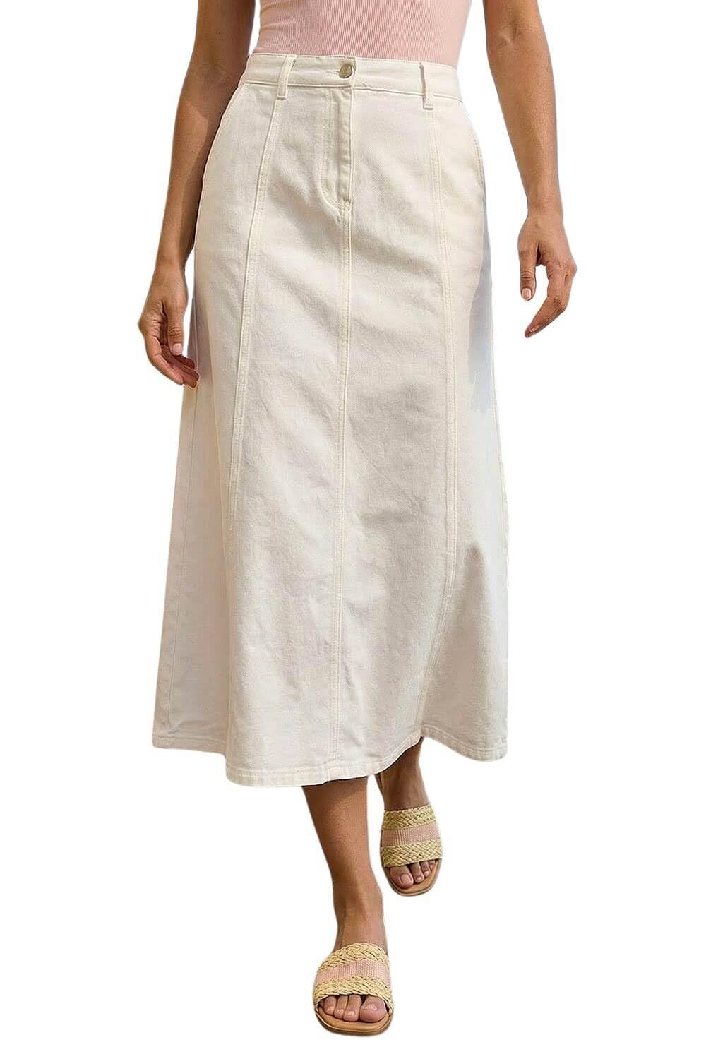 Roman Women's White Cotton Denim Panelled Midi Skirt In Size 20