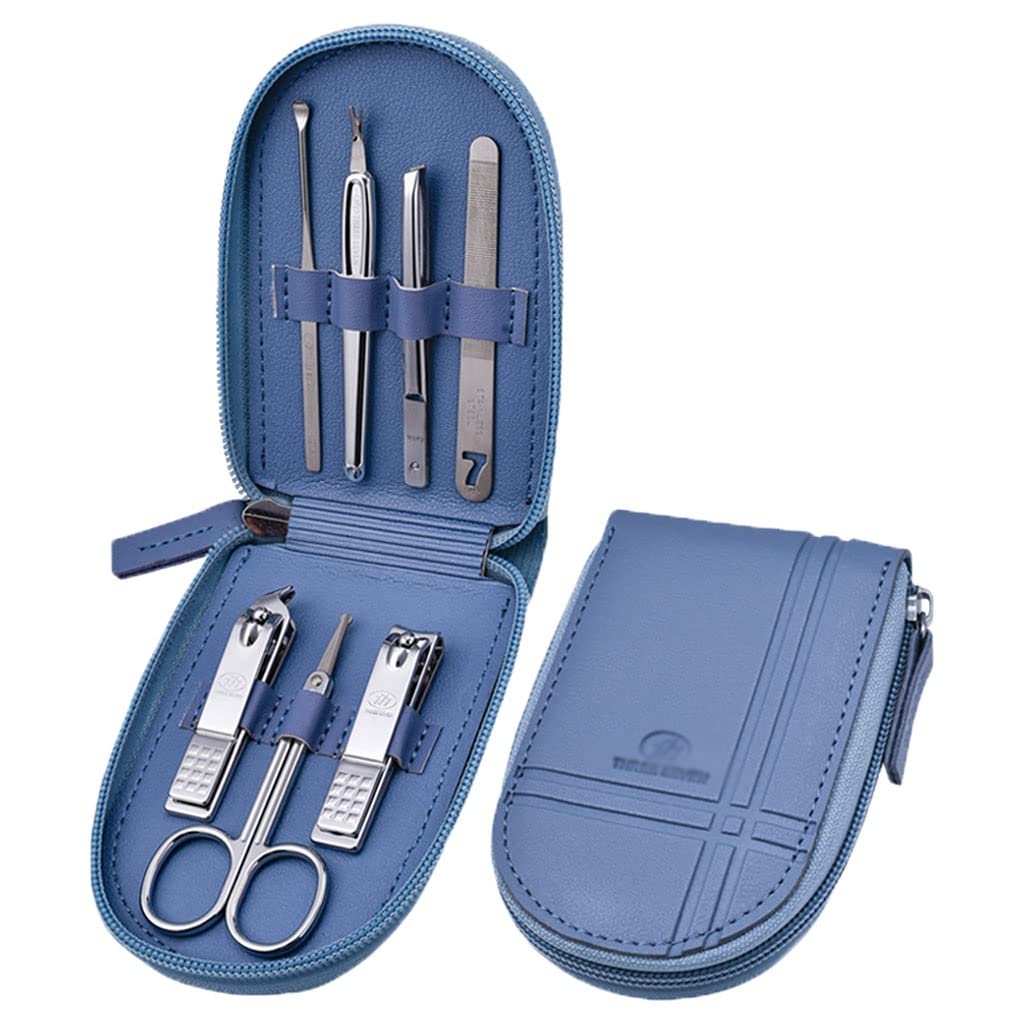 Kit de cortaúñas for uñas de los pies, Juego de 7 Piezas de limas for uñas, cortaúñas, Kit de Belleza for manicura con Estuche de Cuero PU Azul portátil, Kit de manicura