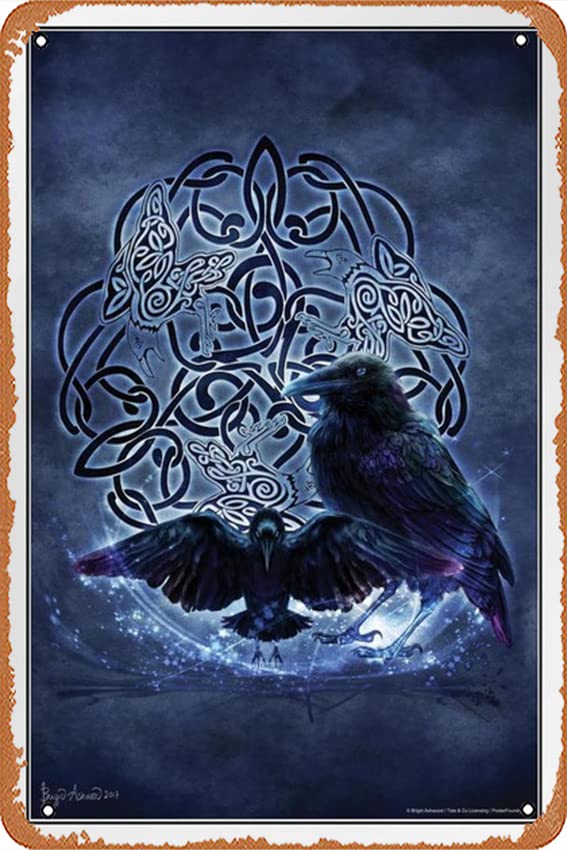 Retro Tin Signs Celtic Raven by Brigid Ashwood Animal Fantasy Art Wall Decor Nature Animal Illustration Celtic Ornate Wall Art Flower Knot Pattern Spiritual Art Print Decorative Art Poster 8 x 12 inch