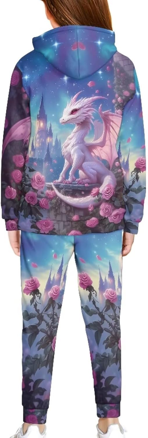 Girls Hoodie Sets 5-12 Years Kids Fall 2 Piece Outfits Novelty Long Sleeve Pullover Sweatsuit, School Outdoor