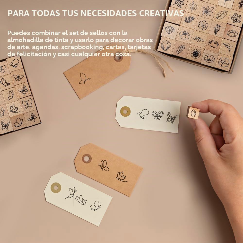 50 Piezas Sellos Surtidos Flores Sellos de Flores para Estampar Madera de Mariposas de Madera para Manualidades para Scrapbooking,Tarjeta